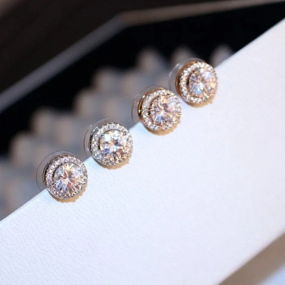NEW Brilliant Cut Round Diamond Halo Silver Stud Earrings